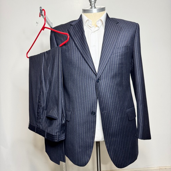 Gianni Uomo Le Collezioni 46L 36W Navy Blue Striped 100% Wool Super 120s Suit - Picture 1 of 12